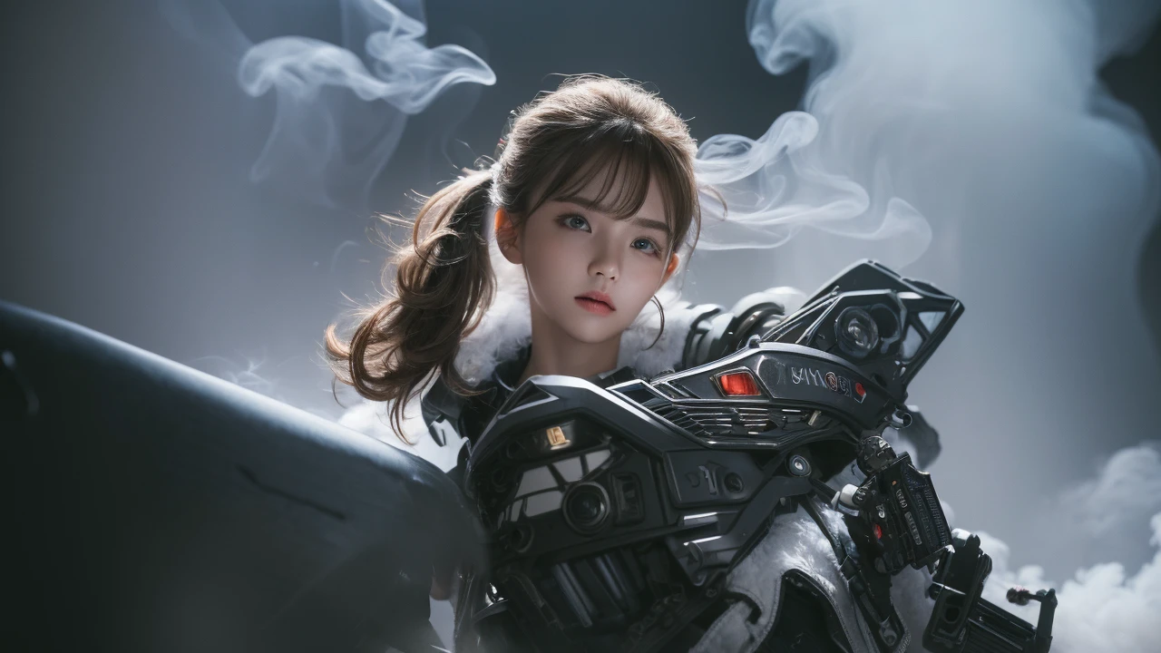 the Extremely Detailed CG Unity 8K Wallpapers、top-quality、Ultra-detail、masterpiece、studio shoot、close up of face、(White and light gray multicolor leather combat suit), realisitic、Photo Real、extremely detailed cute girl、solo、18year old、japaneelancholy look, Ruined cityscape、(Against the background of a large amount of white smoke:1.5), Brown hair、Curly Bobcat, White、out of focus、blur、