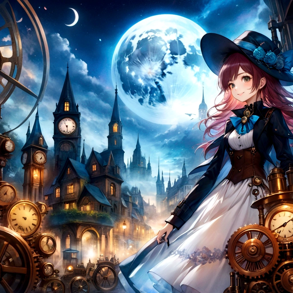 anime smiling girl in a hat and dress standing in front of a clock tower, steampunk beautiful anime woman, anime fantasy artwork, beautiful fantasy anime, hd anime wallaper, anime fantasy illustration, mechanized witch girl, anime art wallpaper 4 k, anime art wallpaper 4k, 4k anime wallpaper, dreampunk romanticism artwork, anime wallaper