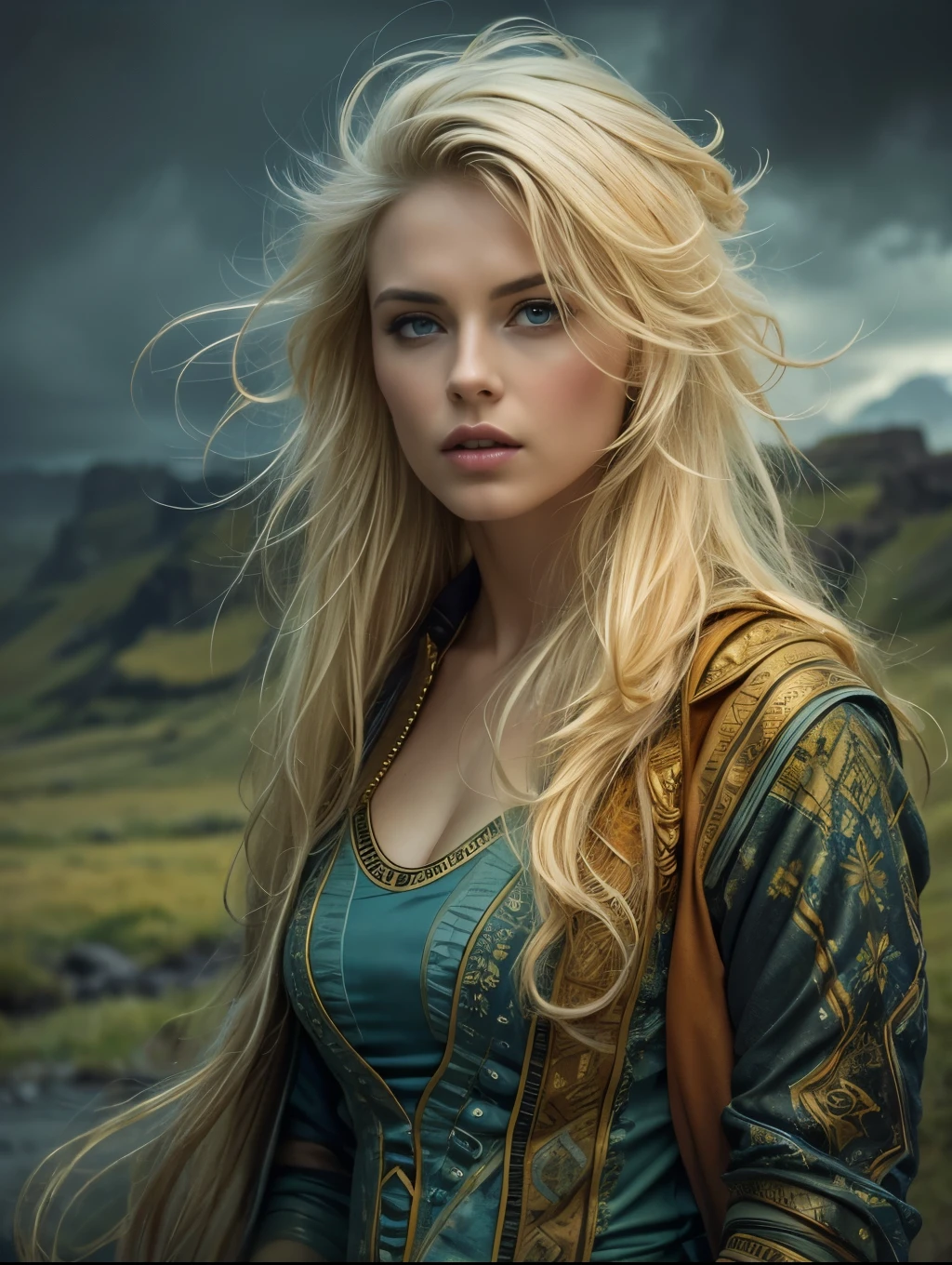 (masterpiece), cartoon, best quality,(photo_(medium):1.0), by Antonio J. Manzanedo, by Jeremy Lipking, lightning, in a surreal icelandic landscape, painting style with watercolor, Brushstrokes, black eyes,colorful,vibrant colors,1 ultra hot gorgeous European woman. Blonde hair. Large breast. Cleavage.Casual clothes.