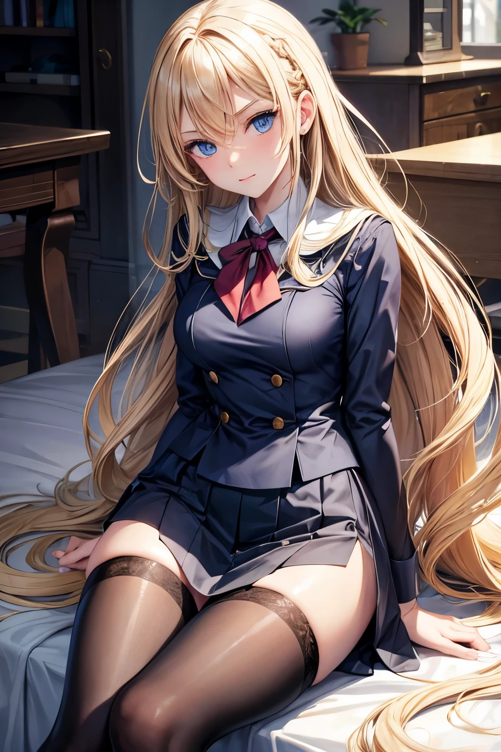 nswf,Arisburg, Alice Zusberg, bangs, blue eyes, Blonde, Hair between the eyes, Very long hair, Braiding, hair band, 白いhair band,((Blazer and Checkered Pleated chool uniform)) Cute girl with undisputed body、[3D Images:1.25],[[Attractive eyes,Detailed eyes、Colorful eyes、Shining Eyes:1.25]]、 highest quality, High resolution, Unity 8K Wallpaper, (figure:0.8), (Beautiful fine details:1.16), Highly detailed face、Dress appropriately, Beautiful fingers、 Elegant,Ultra-precision、[[3D Images]]、[[High quality anime girl with brown hair and brown eyes]]、(((頭からつま先までの構figure)))、(Black knee-high socks)、(loafers)、((skirt lift:1.3))、(((White panties are visible)))、((open legs:1.5))、(((Raise both knees:1.4)))、((((Squatting pose))))、blush、(((Sitting)))、((((Normal position):1.5)))、((Detailed depiction of the crotch))、((Spread your legs wide:1.5))