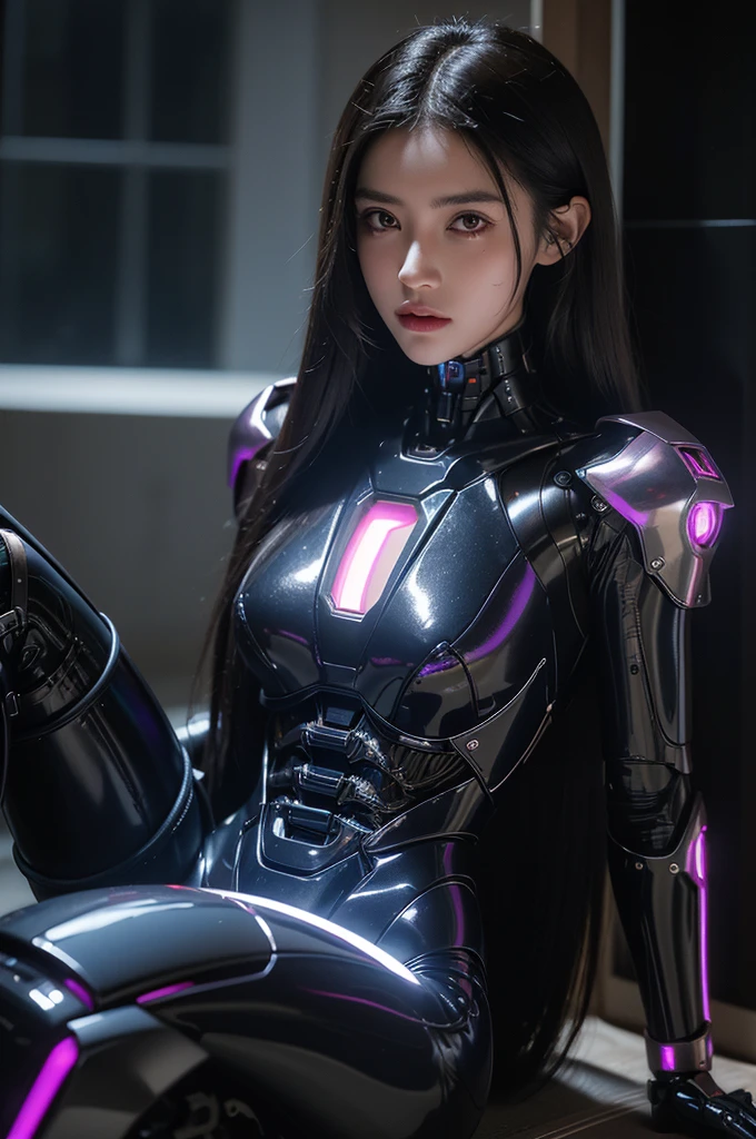 top quality, masterpiece, ultra high resolution, (lifelike: 1.4), original photo, 1 girl, black hair, shiny skin, 1 Mechanical Girl, (Super lifelike details)), portrait, global illumination, shadow, octane rendering, 8K, Super sharp, big deal, Cleavage exposed bare skin, metals, intricate decorative details, Japan details, very intricate details, lifelike light, CG trends, purple eyes, glowing eyes, face camera, Neon details, mechanical limbs, blood vessels connected to tubes, Mechanical vertebrae attached to the back, Cervical spine mechanical fixation in the neck, sitting, Wires and cables connected to the head, Gundam, small LED light,