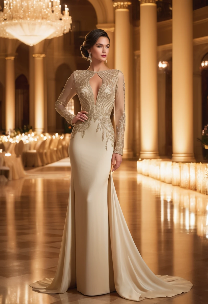 Full length ,"A young woman in an elegant, long-sleeve cream evening gown attending a formal event. She is wearing a uniquely designed and beautiful dress, complemented by luxurious jewelry and accessories. The background features a grand and lavish hall with warm, inviting lighting, showcasing a scene of splendor and beauty."