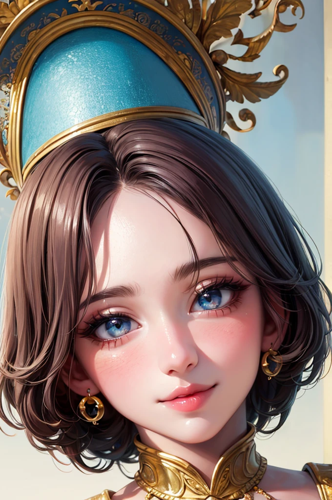 masterpiece, Highest quality, masterpiece, God-like quality, Godly art, Highly detailed face, Very realistic, cute, Young girl, smile, Big eyes, Long eyelashes, Multicolored Hair, Variegated eyes, Shiny skin, Fuller lips, Big Lips, Shiny skin, Blushing, Nice views