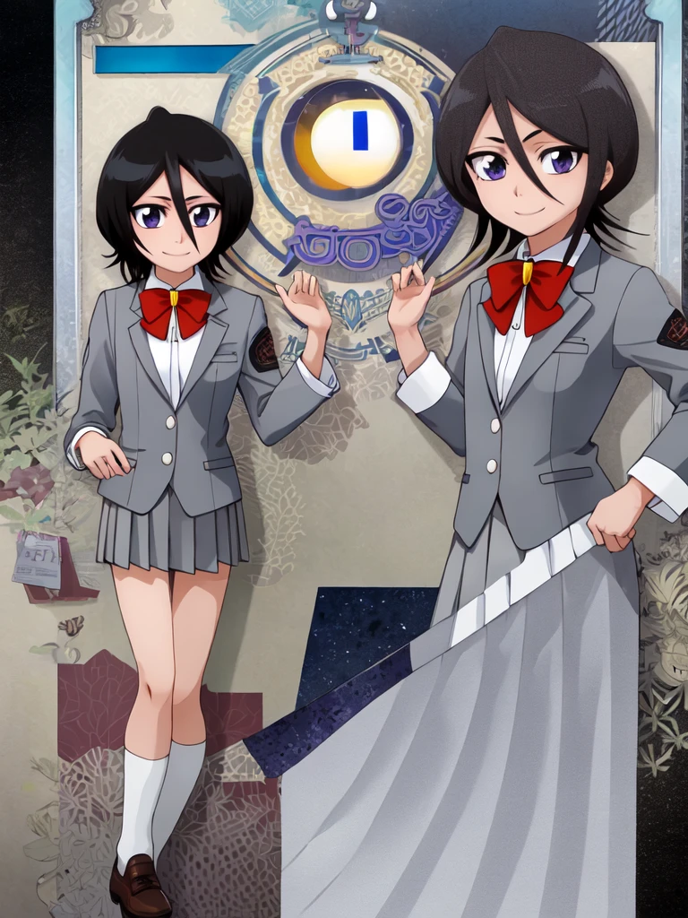 ((Highest quality)), ((Very detailed)), Very detailed顔, Beautiful Face, , (One Girl), Cowboy Shot, Rukia, Black Hair, short hair, Hair between the eyes, Purple eyes, Small breasts, smile, Grey blazer, White collared shirt, Red bow tie, Grey pleated skirt, shoes下, shoes, whole body