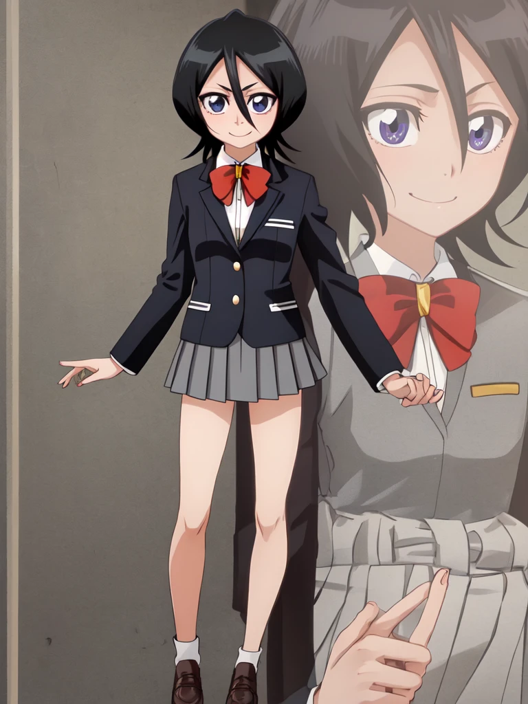 ((Highest quality)), ((Very detailed)), Very detailed顔, Beautiful Face, , (One Girl), Cowboy Shot, Rukia, Black Hair, short hair, Hair between the eyes, Purple eyes, Small breasts, smile, Grey blazer, White collared shirt, Red bow tie, Grey pleated skirt, shoes下, shoes, whole body