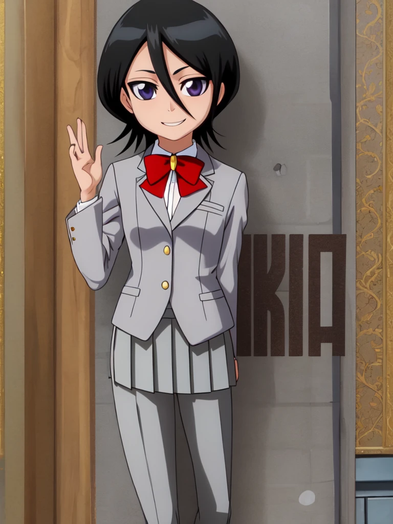 ((Highest quality)), ((Very detailed)), Very detailed顔, Beautiful Face, , (One Girl), Cowboy Shot, Rukia, Black Hair, short hair, Hair between the eyes, Purple eyes, Small breasts, smile, Grey blazer, White collared shirt, Red bow tie, Grey pleated skirt, shoes下, shoes, whole body