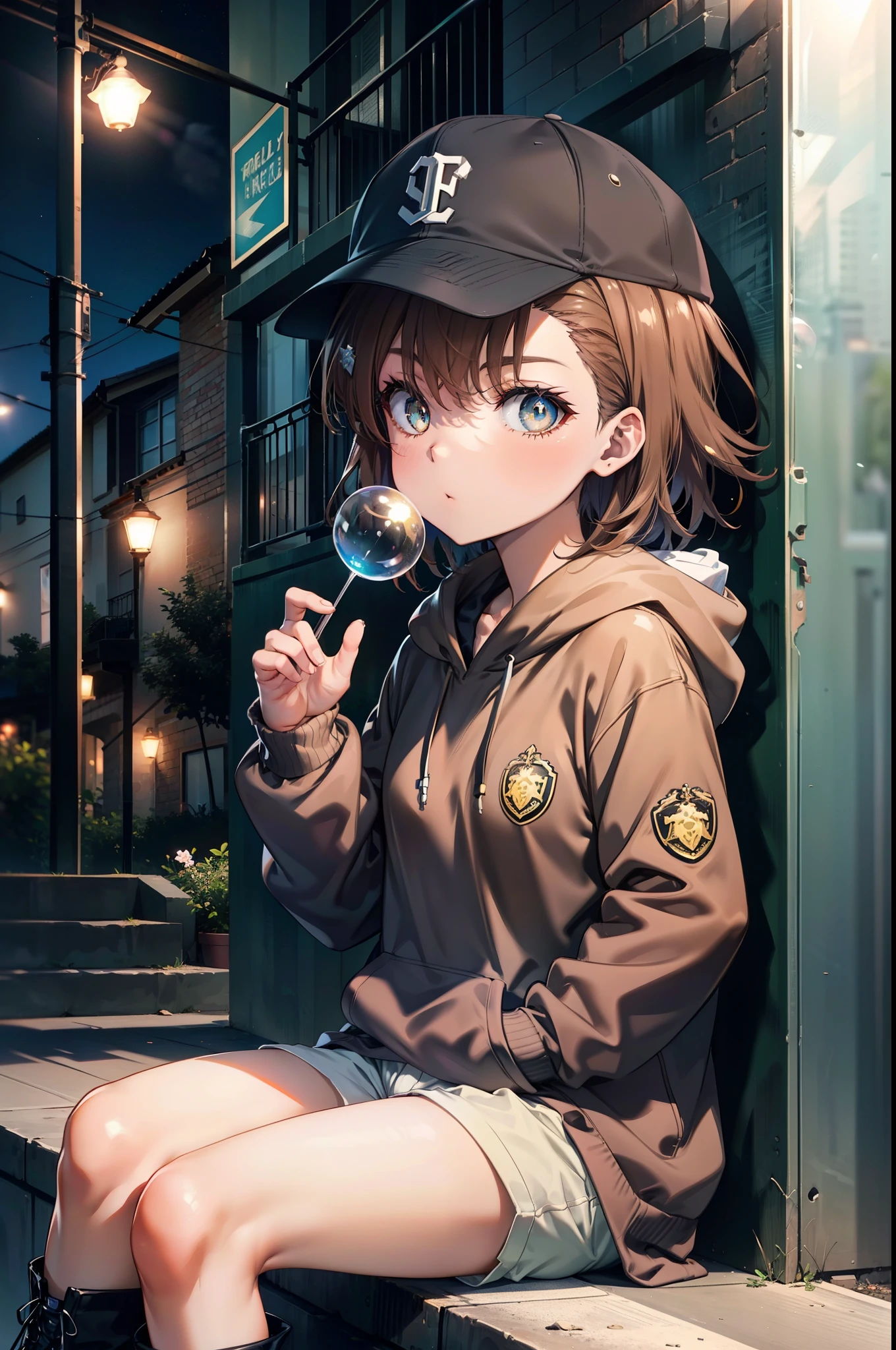 Mycotrose, Brown eyes,Brown Hair,short hair,Small breasts,Oversized black hoodie,Baseball hats,Shorts,boots,Both hands are in the pockets of the hoodie,Blowing bubble gum,Sitting on the stairs,night,moonlight,whole bodyがイラストに入るように,　　　　　　　　　　　　　　　　　 　　　break looking at viewer, whole body,　　　 　　　　　　break outdoors, Building district,　　　　　　　　　　　　　　　　　　break (masterpiece:1.2), Highest quality, High resolution, unity 8k wallpaper, (shape:0.8), (Beautiful and beautiful eyes:1.6), Highly detailed face, Perfect lighting, Highly detailed CG, (Perfect hands, Perfect Anatomy),