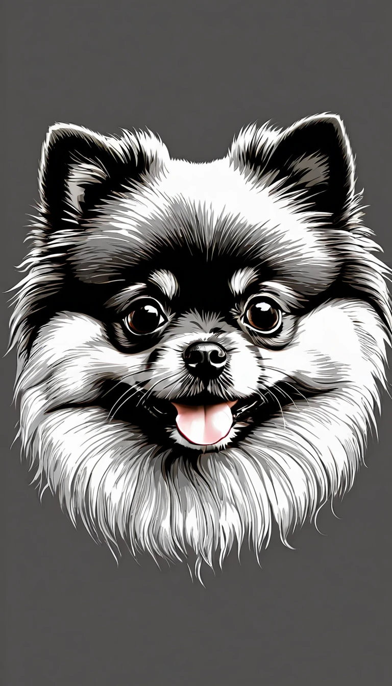 A simple dog drawing drawn with white lines on a black background.。dog is pomeranian、Round faceとBig eyes、Small Noseが特徴的です。The ears are erect、The whole figure is depicted with fluffy short hair.。
Dog breed: Pomeranian-like features: Round face、Big eyes、Small Nose、Protruding ears background: Black line color: White drawing style: Simple line drawing