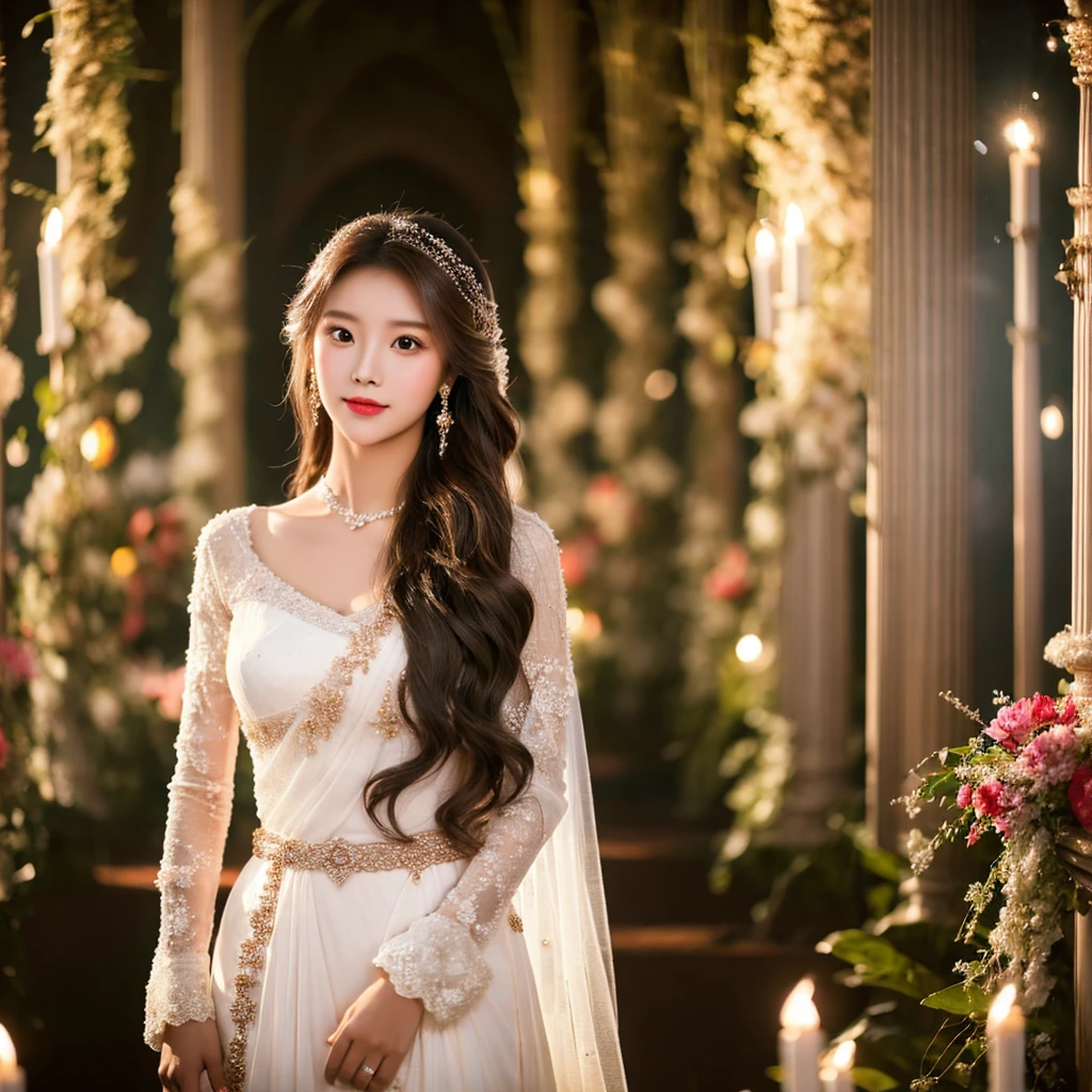 Generate an image of an extraordinarily beautiful 20-year-old Asian woman standing alone, whose beauty rivals that of a goddess of the fire element. She has large brown eyes, dark brown hair, glowing skin, and a captivating appearance. She is wearing a stunning white wedding dress that accentuates her elegance. The woman stands charmingly alone, her beauty appearing as if blessed by nature, in a very romantic and lovely aisle adorned with flowers and soft lighting, exuding a magical and serene atmosphere.