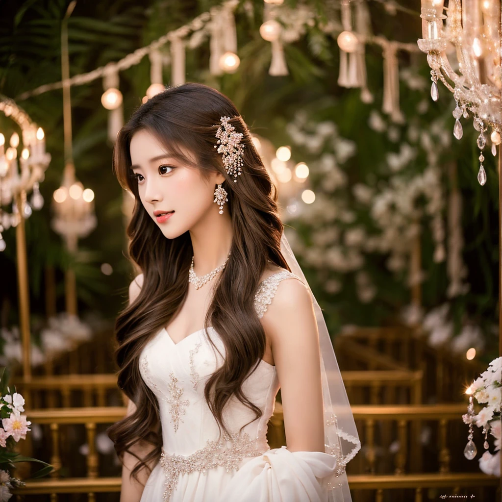 Generate an image of an extraordinarily beautiful 20-year-old Asian woman standing alone, whose beauty rivals that of a goddess of the fire element. She has large brown eyes, dark brown hair, glowing skin, and a captivating appearance. She is wearing a stunning white wedding dress that accentuates her elegance. The woman stands charmingly alone, her beauty appearing as if blessed by nature, in a very romantic and lovely aisle adorned with flowers and soft lighting, exuding a magical and serene atmosphere.