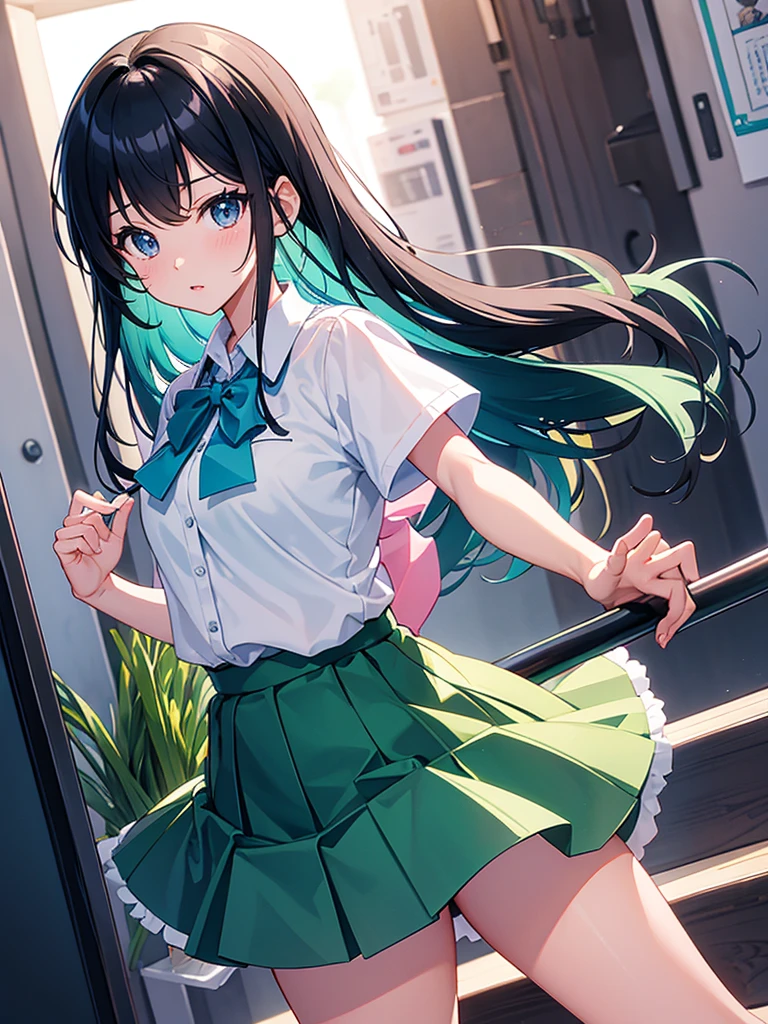The highest peak of anime illustration, moe style illustration, the best image quality, super masterpiece, super fine, masterpiece, masterpiece, very detailed, high resolution, spring green onion style, curious eyes, shiny plump lips, shiny hair, shrinked waist, short sleeve shirt, blue bow tie, show your back and turn around, plaid mini skirt, pants can be seen from the mini skirt, light blue and pink printed panties, whole body, skirt suppression, blush while climbing the stairs, straight long