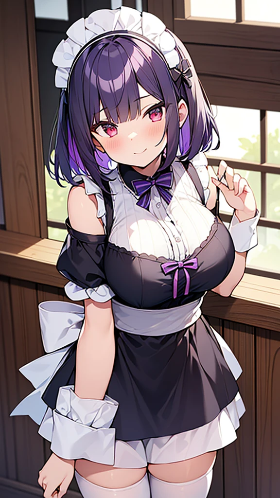 最high quality, high quality, Super detailed, 32k, Ultra-detailed details, , {{The succubus maid has the face of my sister}}, (only, Standing, pretty girl, beautiful purple hair, short hair, Beautiful RED eyes, mature, Big Breasts, A light smile, Off-the-shoulder sleeveless Summer cute maid outfit, Summer casual maid clothes, Short skirt, Blue and white color striped underwear, Black knee socks, loafers, She&#39;s holding 大きく up her skirt with both hands to show her underwear, 18-year-old,cute), A maid who moves her body vigorously without caring if her breasts bounce, Super detailed, indoor, maid Cafe, Full body image, ((Head to Toe:1.3)), NSFW