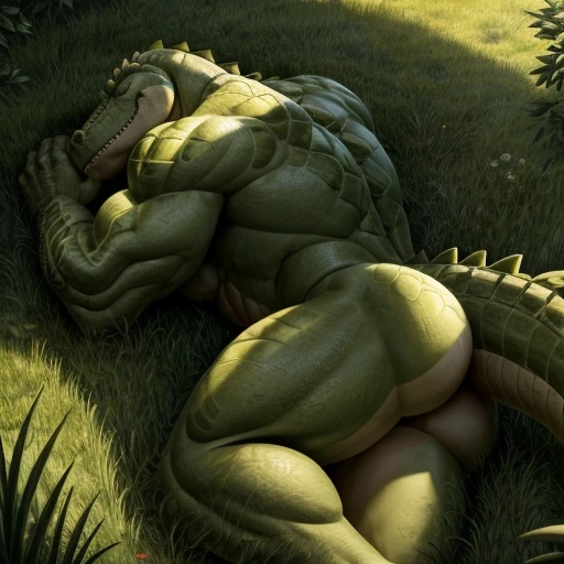 A muscle green male alligator, a muscle green male lizardmen , sleeping showing his green butt on grass, detailed butt, detailed hands 