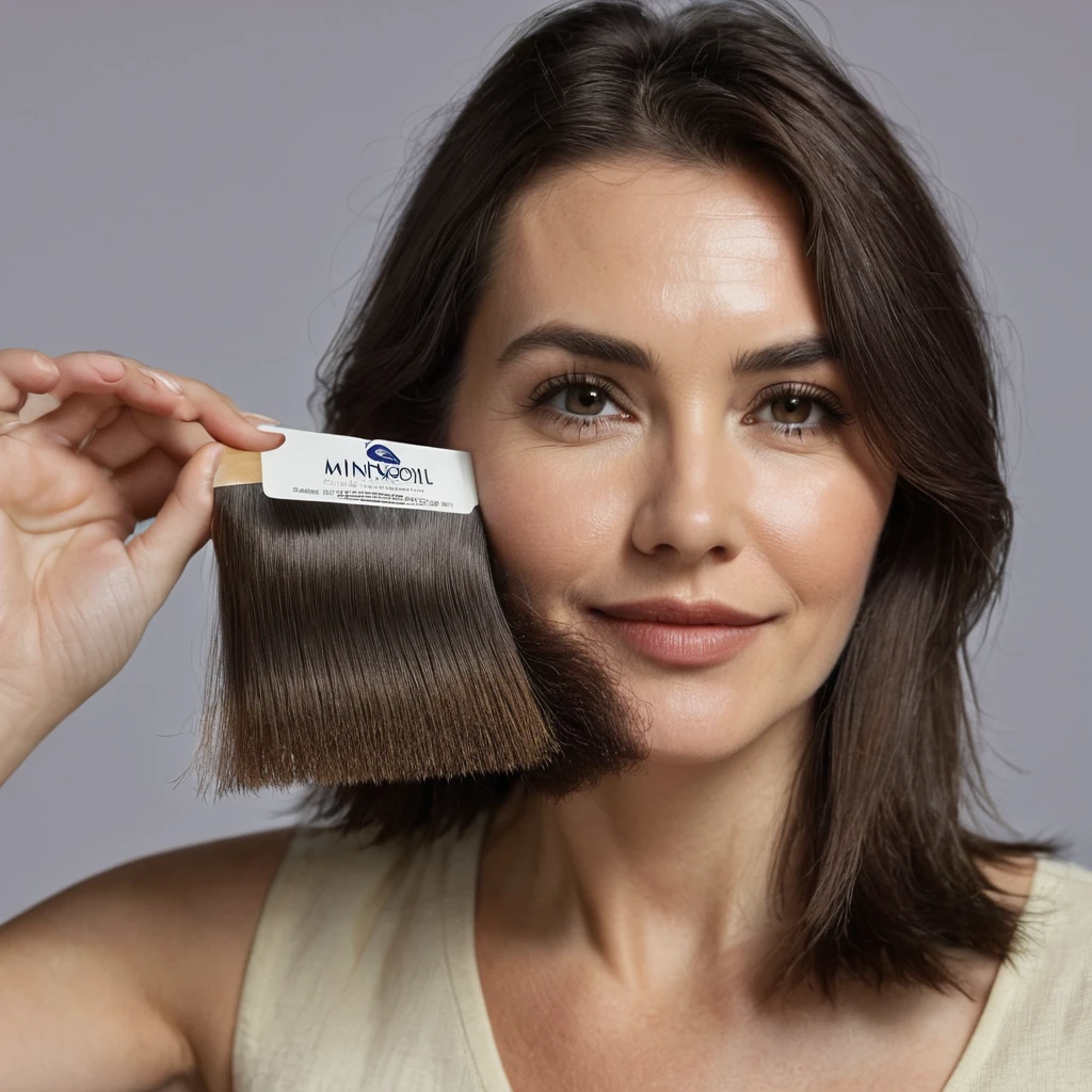 bearded woman, cheek hair, neck hair, shaggy, brown hair, hold a pack of minoxidil beard