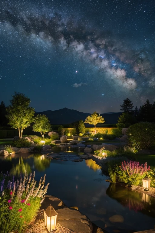 high resolution、masterpiece、Garden at Night、Milky Way with Lake