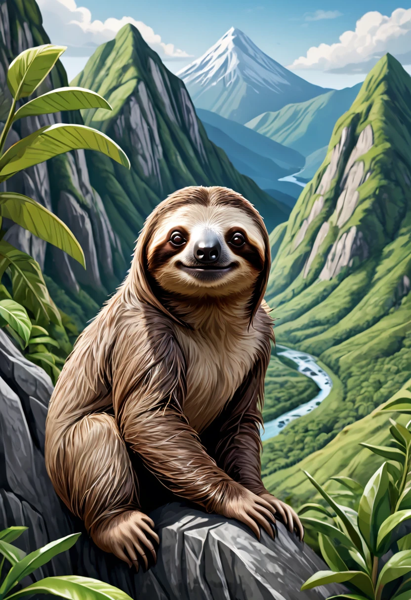 A detailed, hyper-realistic 4K representation of a sloth, with sharp edges, in a mountain landscape in the background in vector graphic in comic style for t-shirts 