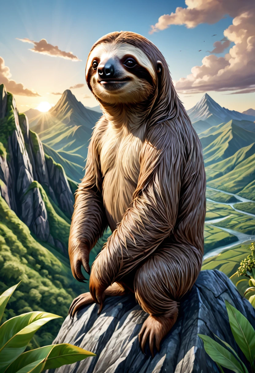 A detailed, hyper-realistic 4K representation of a sloth, with sharp edges, in a mountain landscape in the background in vector graphic in comic style for t-shirts 