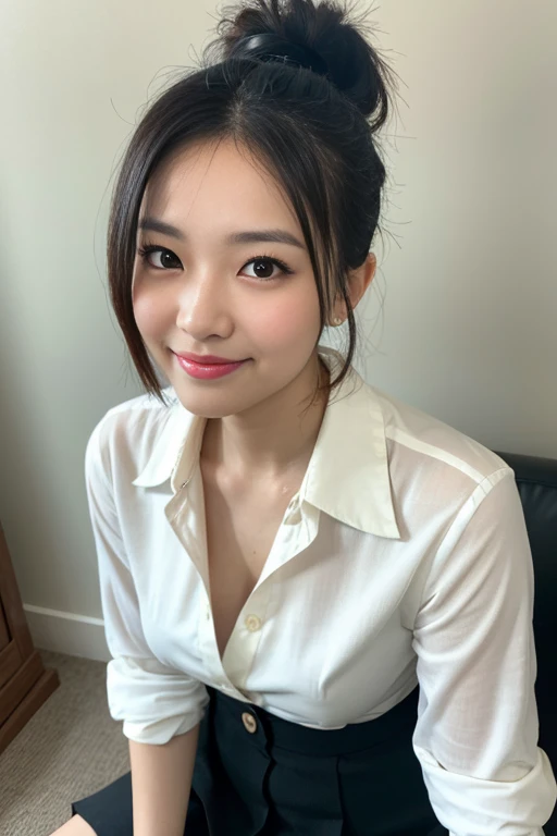 (A beautiful Japanese office lady, age 28, wearing formal White shirt with buttons & lime mini-skirt, resting at home, friendly and feminine expressions, kind smile, dimpled chins, cute snaggle-tooth, short bob hair ponytail, symmetrical face, realistic detailed face, beautiful detailed eyes, perfect body proportions, ample round bosoms, photorealistic, hyper-realism, high contrast, ultra HD, realistic skin textures, top image quality, top-quality, super high resolution, fine details, very meticulously, masterpiece, head to knees, serene ambience, High Angle Shot, bokeh background)