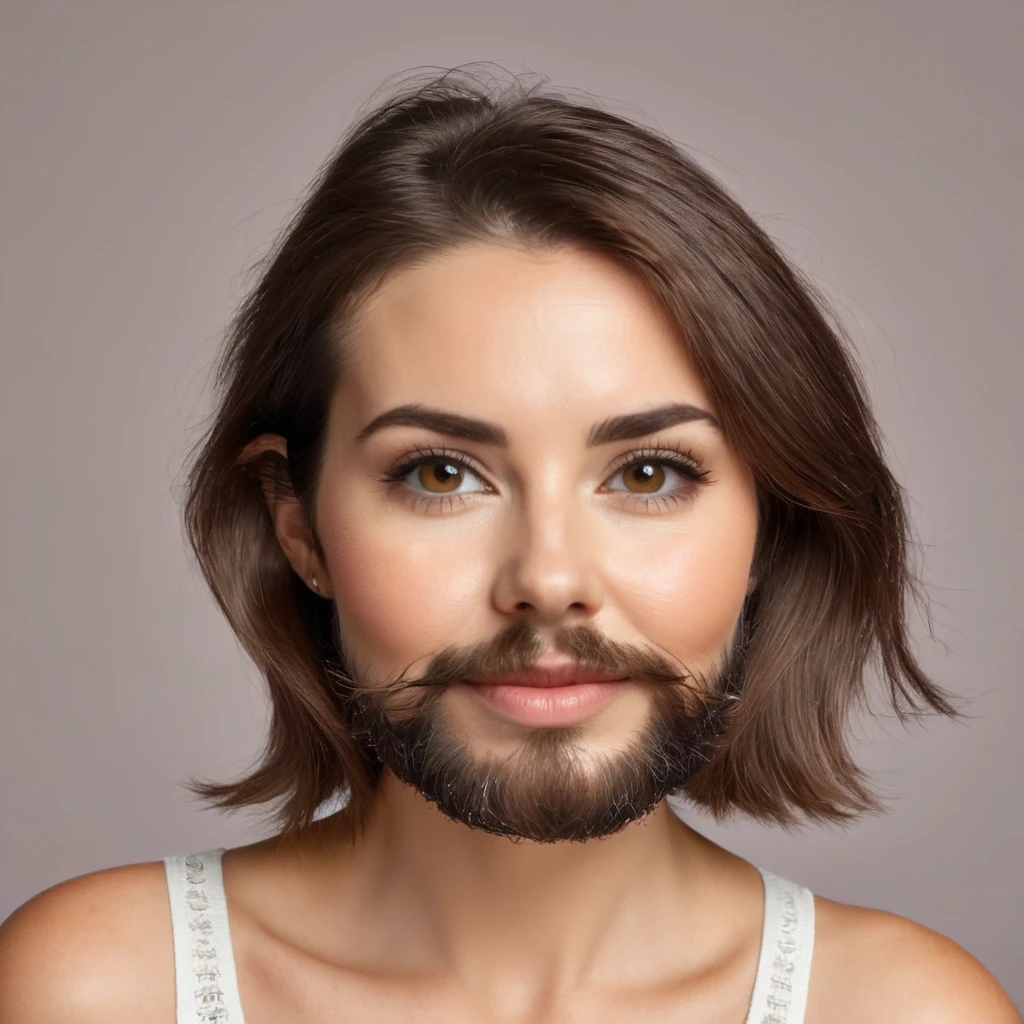 bearded woman, cheek hair, neck hair, shaggy, brown hair, hold a pack of minoxidil beard