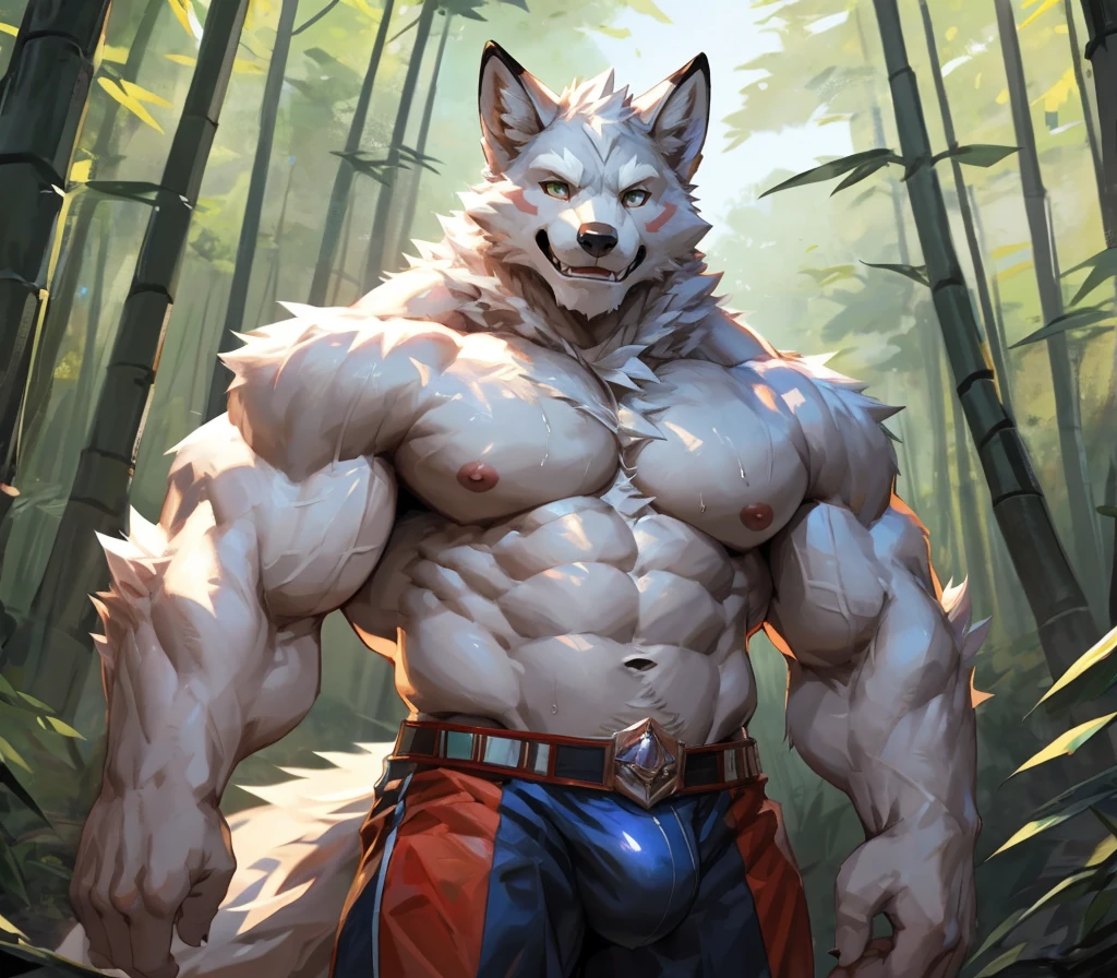 ((best quality)), ((masterpiece)), (ultra detailed), perfect face,(sharp eyes),sharp focus, (by null-ghost,by traver009,by lindong,by pino daeni),(male antro arctic fox):1.7,((white fur)), ((white belly)), (fox ears), sharp eye,ultra-detailed eyes, Beautiful and delicate eyes, ((green):0.1 eyes), ((fluffy fur, fluffy, furry body)), muscular male , smile, (bulge), reflection, sexy body, middle-age, strong, (((sfw:1.5))),(white fox tail, long fluffy tail), (abs, strong muscle, 6 pack), claw, pink nipples, handsome, majestic,Delicate canine teeth, hairy, male, in the bamboo forest, anime,shirtless, ((wearing white kimono(open), with random yellow:0.4)) , (full body) sweating:1.7