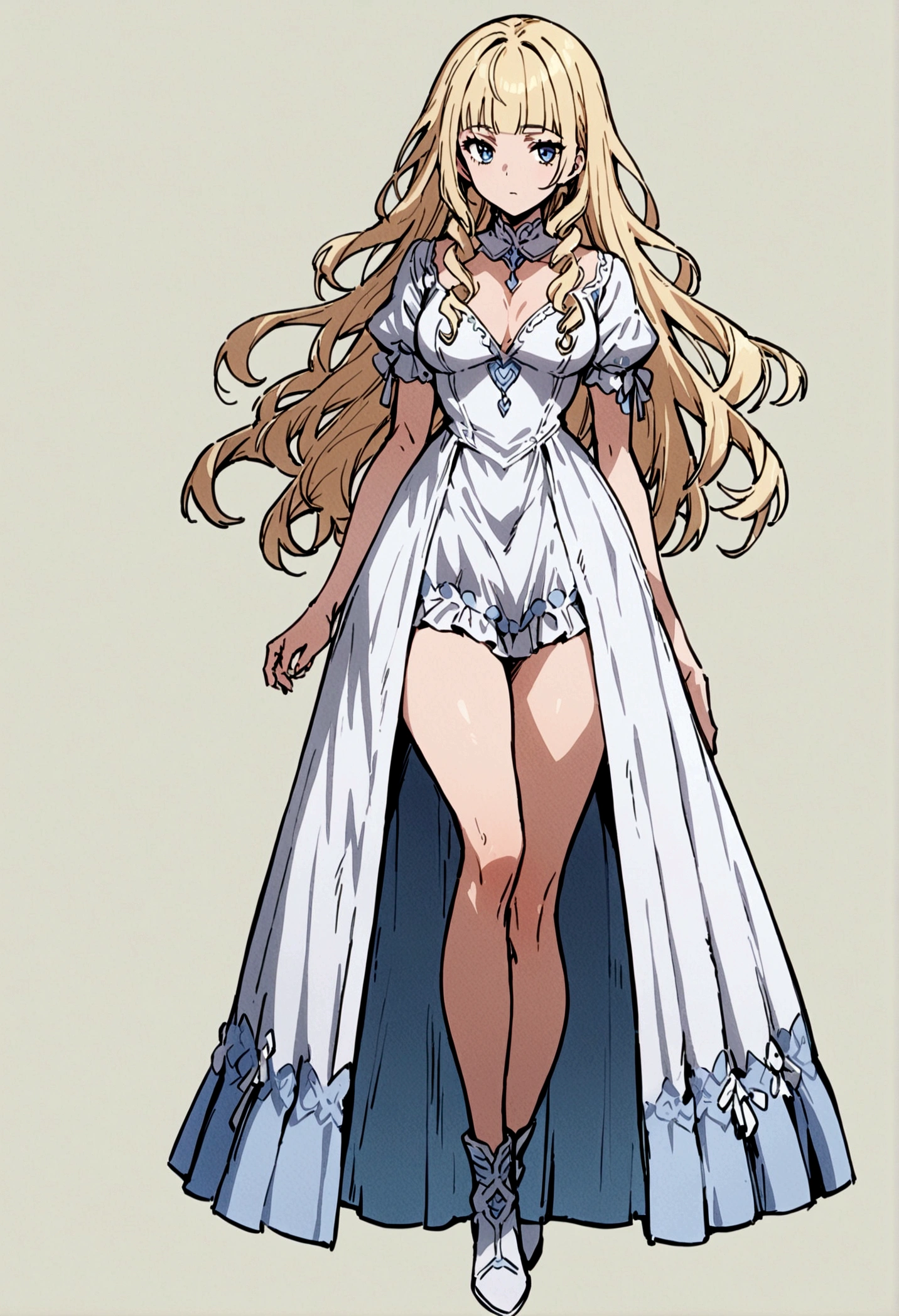 fullbody,masterpiece,standing,adult,1girl,solo,white background,standing straight,light blue lolita dress with white accents, curls,blonde long hair,fringe bangs,white boots,