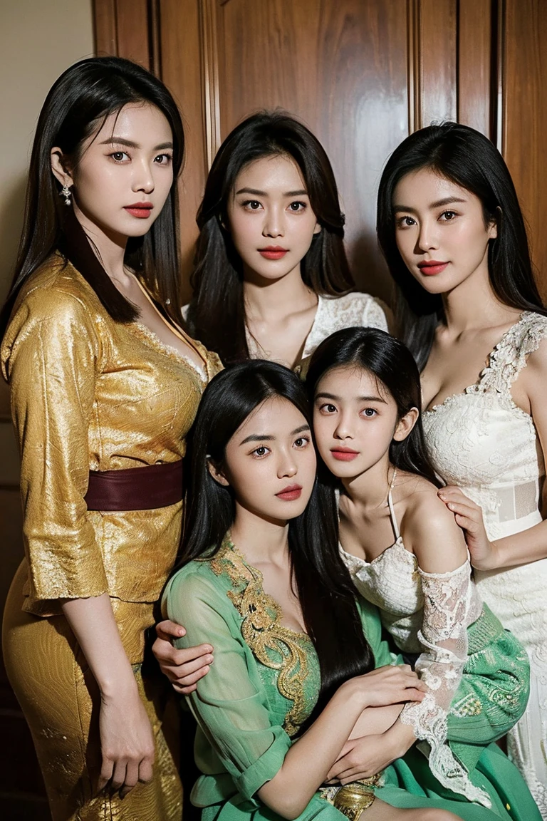 Potrait of a Family, consisting of 5 wife Indonesian-japanese girl and 5 Indonesian boy (24 years old(husband)), Harem (Polygamy), long fashion hair, fit body, small cleavage, skintight green lace kebaya, batik skirt, masterpiece, highly detailed, ultra hd, 8k, detailed face, detailed eyes, perfect eyes, detailed skin texture, detailed lips, sexy lips, perfect hands, dynamic angle, cowboy shot, rich family