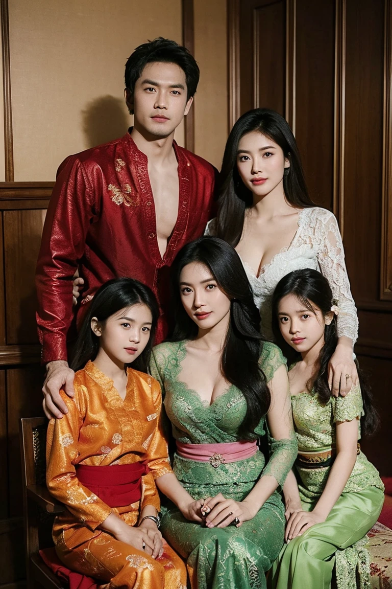 Potrait of a Family, consisting of 5 wife Indonesian-japanese girl and 5 Indonesian boy (24 years old(husband)), Harem (Polygamy), long fashion hair, fit body, small cleavage, skintight green lace kebaya, batik skirt, masterpiece, highly detailed, ultra hd, 8k, detailed face, detailed eyes, perfect eyes, detailed skin texture, detailed lips, sexy lips, perfect hands, dynamic angle, cowboy shot, rich family