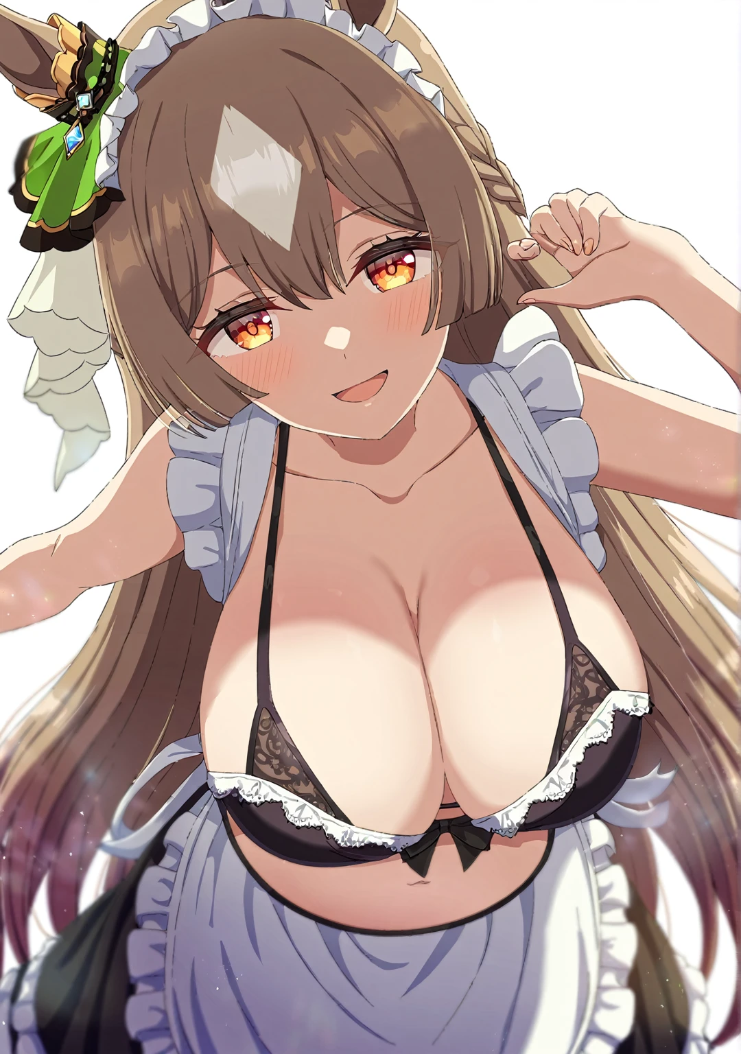 1girl,satono diamond\(umamusume\),{{blue archive}},{{{{{torino aqua_style}}}}},[ogipote_style],{{sincos_style}},official art,highly detailed,best quality,clear lines,huge breasts,  bangs, collarbone, anime visual of a cute girl,anime best girl, bangs, breasts, official artwork,maid bikini,navel,standing upright,high exposure,maid headdress,sexy,official artwork, high detailed official artwork, breasts, open mouth,smile,naughty face,seductive smile,white background,simple background,horse ears,(anime coloring :1.2), (anime_style :0.9),(anime coloring :1.2), masterpiece, best quality, light particle,  depth of field, cinematic compotision, best lighting,(lens flare:0.6), 8k, 4k
