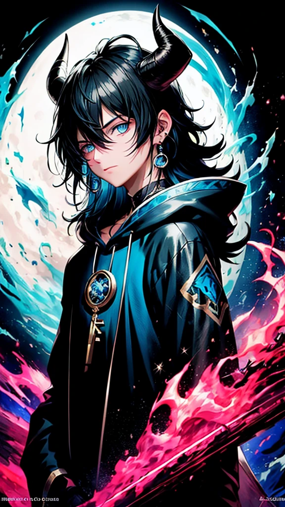 (masterpiece:1.2、highest quality), (Exquisite eyes: 1.2), (Detailed Background、Dark fantasy), (beauty detailed face), High Contrast, (Best lighting、Very delicate and beauty), ((Cinema Lighting) )), colorful, Hyper Detail, Dramatic Light, Intricate details, (1 teen boy, scruffy black hair, bangs, sky blue eyes, moon, dark night, long earrings, black hoodie, blue demon horns, blue great sword at the back, looking at viewer, upper body), Black light swirling around the character, Depth of written boundary, black light particles, Nightcore, Spectacular anime style, zerochan art, Anime Wallpaper, Burning, High quality anime art style, Key Anime Art