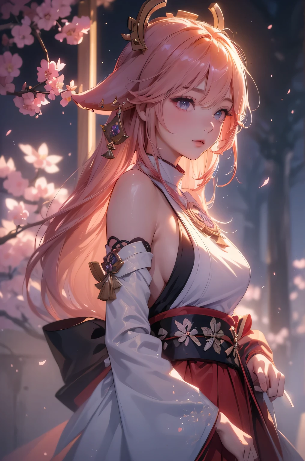 ((yaemikodef)):1.5, ((masterpiece,Highest quality,Highly detailed images,Beautiful images、Dutch Angle)), (In front of the cherry tree、Close-up image of yaemiko、Overall dim lighting、Backlight、Strong backlighting、Fantastic dark atmosphere、Thick Fog、Dust flutters),(Dynamic pose)1.2, sideboob
