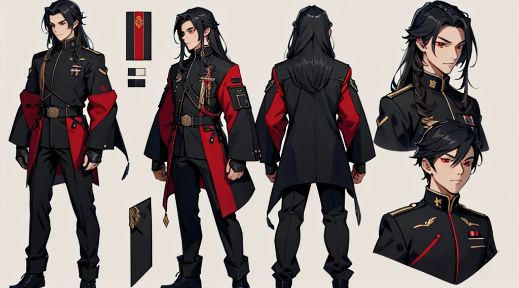 Character design sheet、boy、Smart black military uniform、Long hair to the shoulders、Detailed face、Red eyes