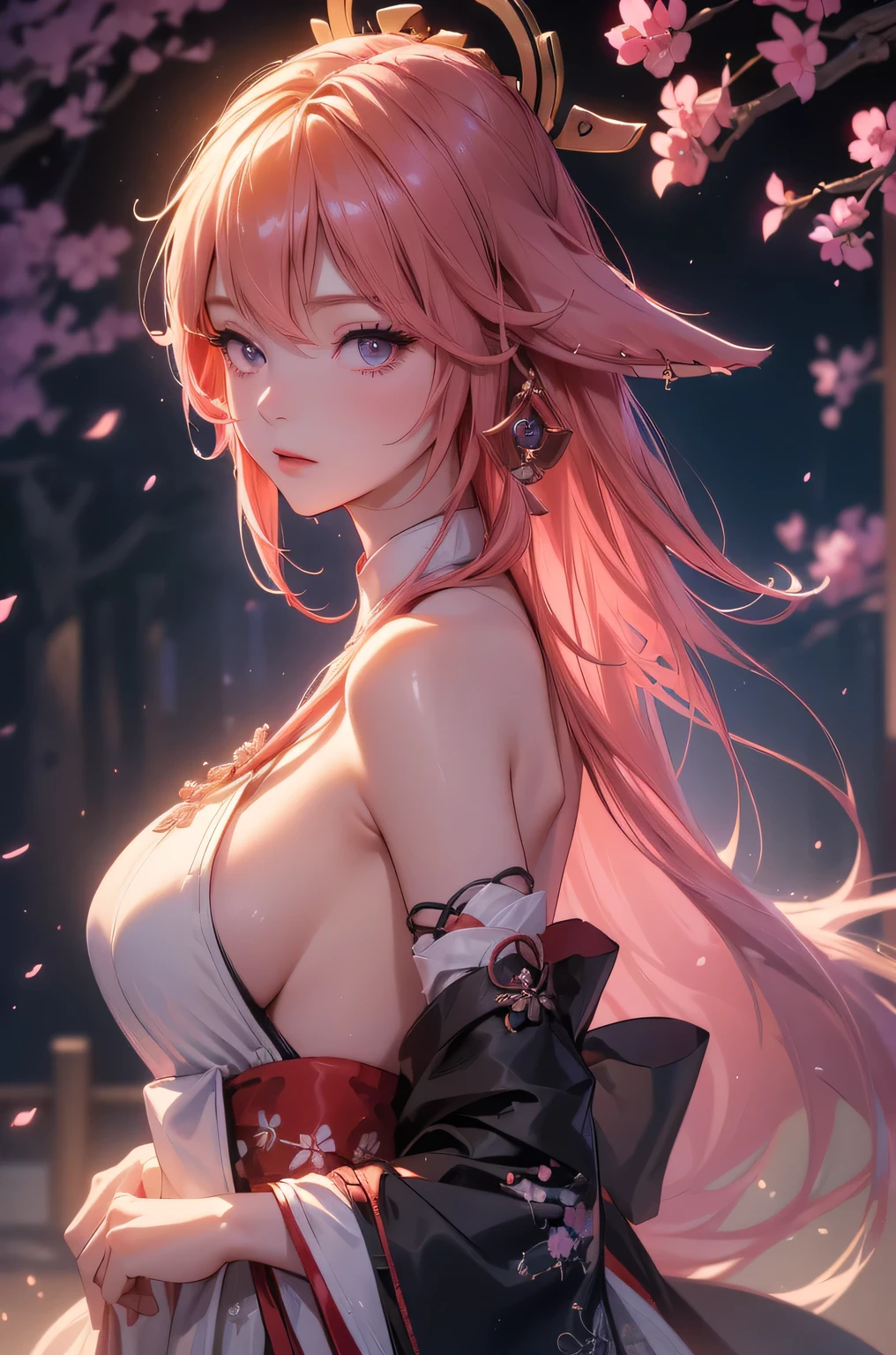((yaemikodef)):1.5, ((masterpiece,Highest quality,Highly detailed images,Beautiful images、Dutch Angle)), (In front of the cherry tree、Close-up image of yaemiko、Overall dim lighting、Backlight、Strong backlighting、Fantastic dark atmosphere、Thick Fog、Dust flutters),(Dynamic pose)1.2, sideboob