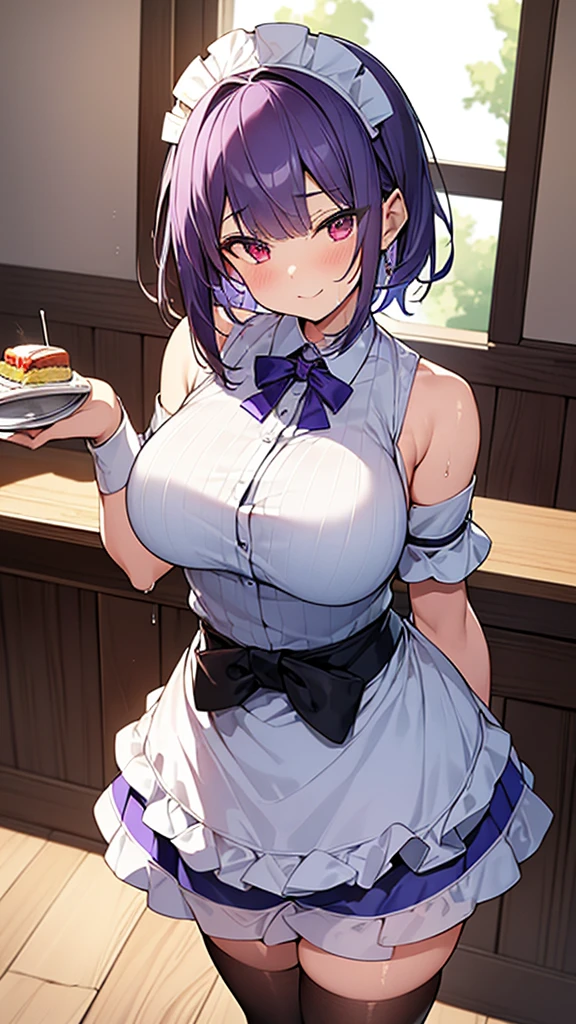 最high quality, high quality, Super detailed, 32k, Ultra-detailed details, waitress(only, Standing, pretty girl, beautiful purple hair, short hair, Beautiful RED eyes, mature, Big Breasts, A light smile, Off-the-shoulder sleeveless Summer メイド服, Summer casual maid clothes, Short skirt, Blue and white color striped underwear, Black knee socks, loafers, My crotch is wet with love juice, 18-year-old,cute), {{A succubus disguised as a waitress approached the target man's sister, peeled off the skin of the sister's face, and stuck it on her own face, becoming the waitress succubus's face., The hem of her skirt is lifted high, exposing her underwear}}, She has transformed from a shy maid into a lewd one., A maid with her sister's face stuck on her face is vigorously pistoning her body, A maid who moves her body vigorously without caring if her breasts bounce, Super detailed, indoor, Full body image, ((Head to Toe:1.3)), NSFW