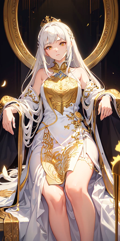 (Masterpiece:1.2), best quality, (illustration:1.2), (ultra-detailed), hyper details, (delicate detailed), (intricate details), (cinematic light, best quality Backlights), clear line, from below, soloist, perfect body, (1girl), white hair and yellow eyes, (emperor, black see-through clothes), (crown: 1.1), sitting on the throne, eyes slightly closed, head down, (shy: 1.2 ), (makeup), high contrast, (best illumination, an extremely create and beautiful), (cinematic light), colorful,