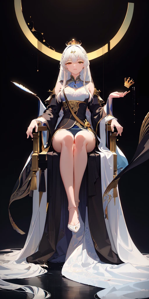 (Masterpiece:1.2), best quality, (illustration:1.2), (ultra-detailed), hyper details, (delicate detailed), (intricate details), (cinematic light, best quality Backlights), clear line, from below, soloist, perfect body, (1girl), white hair and yellow eyes, (emperor, black see-through clothes), (crown: 1.1), sitting on the throne, eyes slightly closed, head down, (shy: 1.2 ), (makeup), high contrast, (best illumination, an extremely create and beautiful), (cinematic light), colorful,