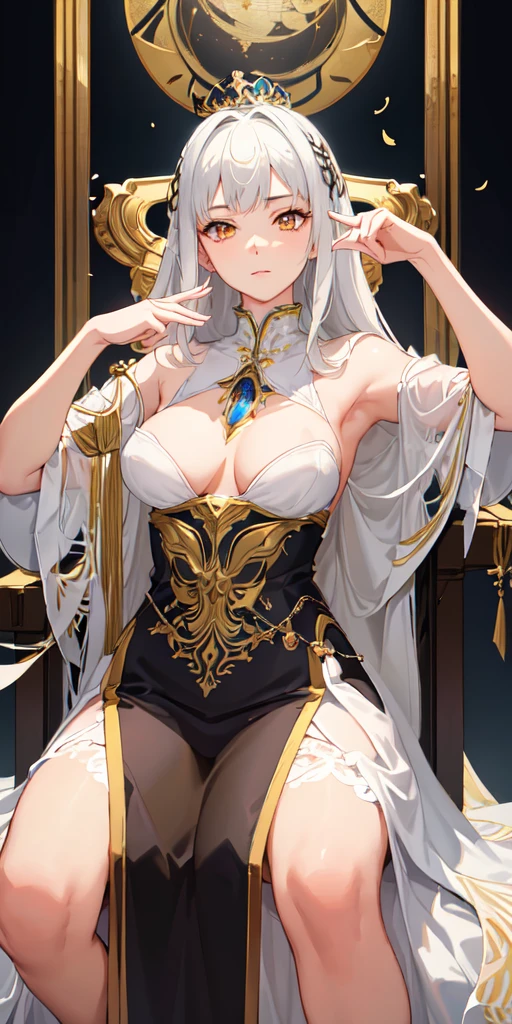 (Masterpiece:1.2), best quality, (illustration:1.2), (ultra-detailed), hyper details, (delicate detailed), (intricate details), (cinematic light, best quality Backlights), clear line, from below, soloist, perfect body, (1girl), white hair and yellow eyes, (emperor, black see-through clothes), (crown: 1.1), sitting on the throne, eyes slightly closed, head down, (shy: 1.2 ), (makeup), high contrast, (best illumination, an extremely create and beautiful), (cinematic light), colorful,