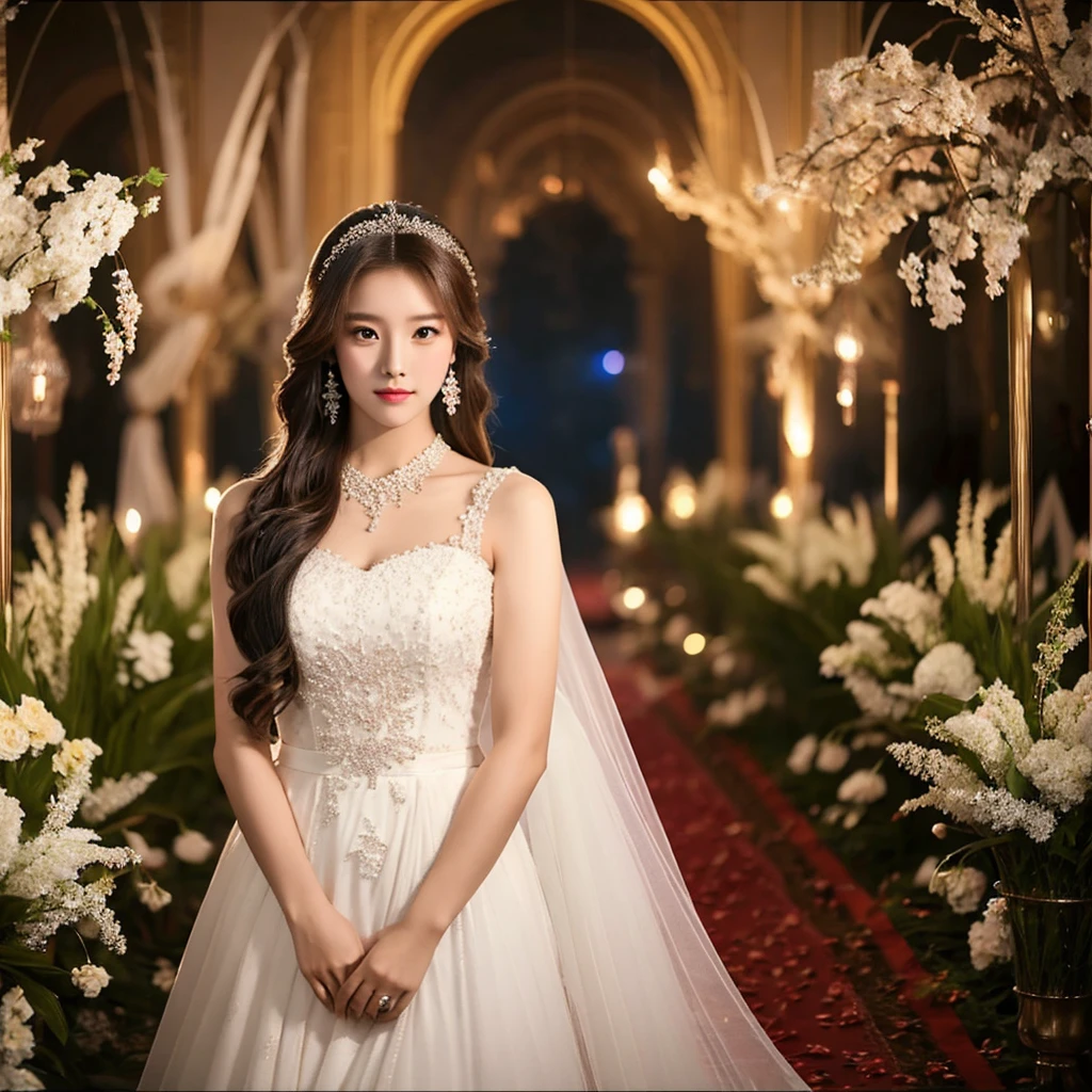 Generate an image of an extraordinarily beautiful 20-year-old Asian woman standing alone, whose beauty rivals that of a goddess of the fire element. She has large brown eyes, dark brown hair, glowing skin, and a captivating appearance. She is wearing a stunning white wedding dress that accentuates her elegance. The woman stands charmingly alone, her beauty appearing as if blessed by nature, in a very romantic and lovely aisle adorned with flowers and soft lighting, exuding a magical and serene atmosphere.