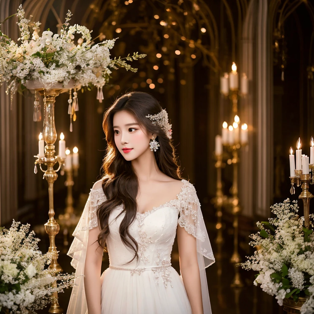 Generate an image of an extraordinarily beautiful 20-year-old Asian woman standing alone, whose beauty rivals that of a goddess of the fire element. She has large brown eyes, dark brown hair, glowing skin, and a captivating appearance. She is wearing a stunning white wedding dress that accentuates her elegance. The woman stands charmingly alone, her beauty appearing as if blessed by nature, in a very romantic and lovely aisle adorned with flowers and soft lighting, exuding a magical and serene atmosphere.