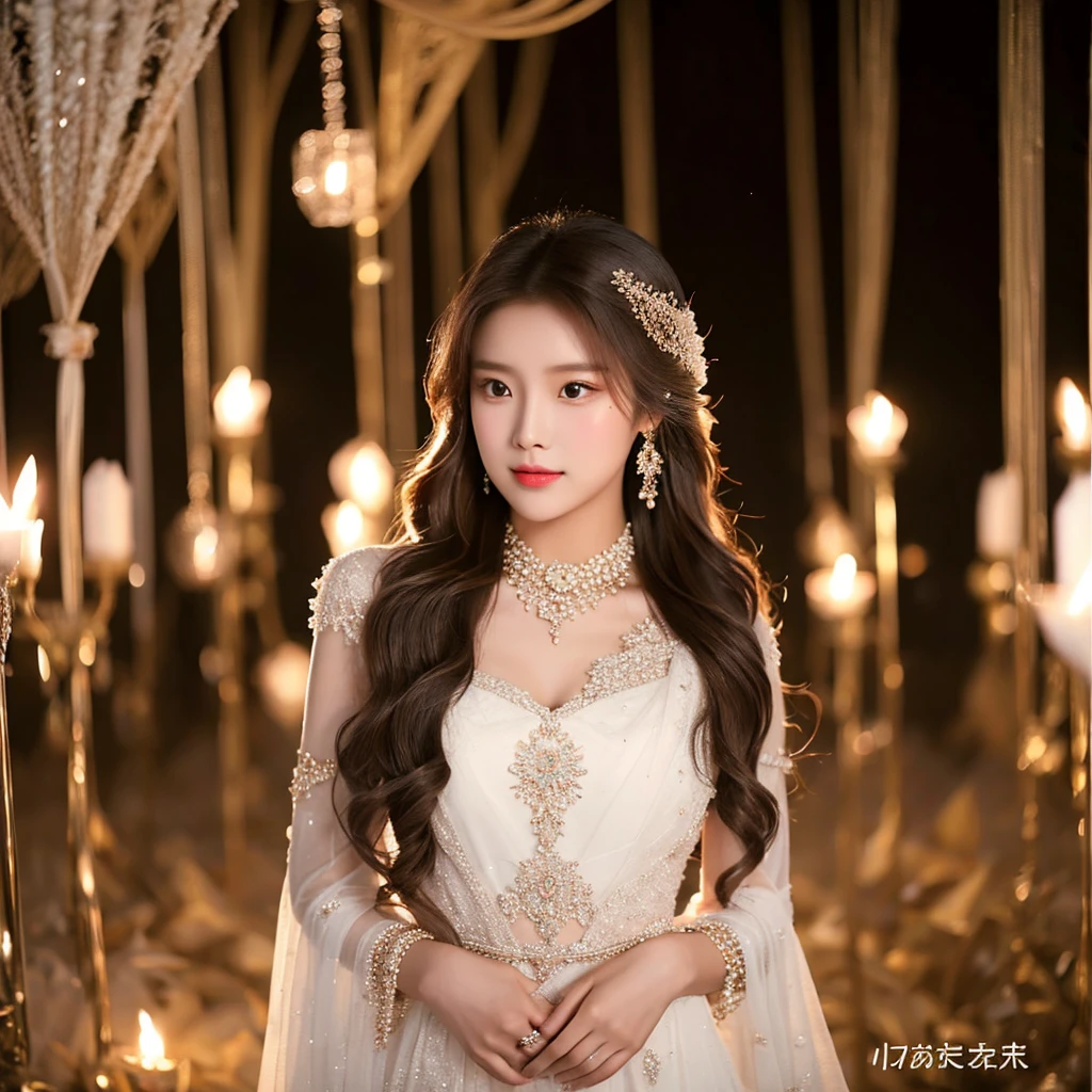 Generate an image of an extraordinarily beautiful 20-year-old Asian woman standing alone, whose beauty rivals that of a goddess of the fire element. She has large brown eyes, dark brown hair, glowing skin, and a captivating appearance. She is wearing a stunning white wedding dress that accentuates her elegance. The woman stands charmingly alone, her beauty appearing as if blessed by nature, in a very romantic and lovely aisle adorned with flowers and soft lighting, exuding a magical and serene atmosphere.