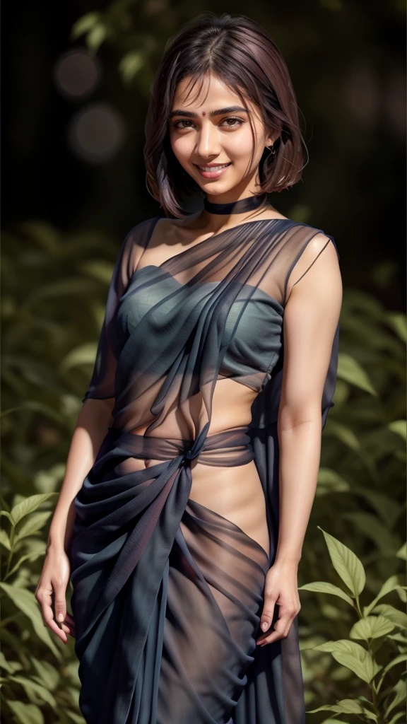 ultrarealistic hires close up photo of a 30-year-old sapa woman, outdoors, realistic skin texture, looking looking at camera, (Chiffon_saree_blouse:1.2), tied up hair, night time, smiling, beautiful bokeh background