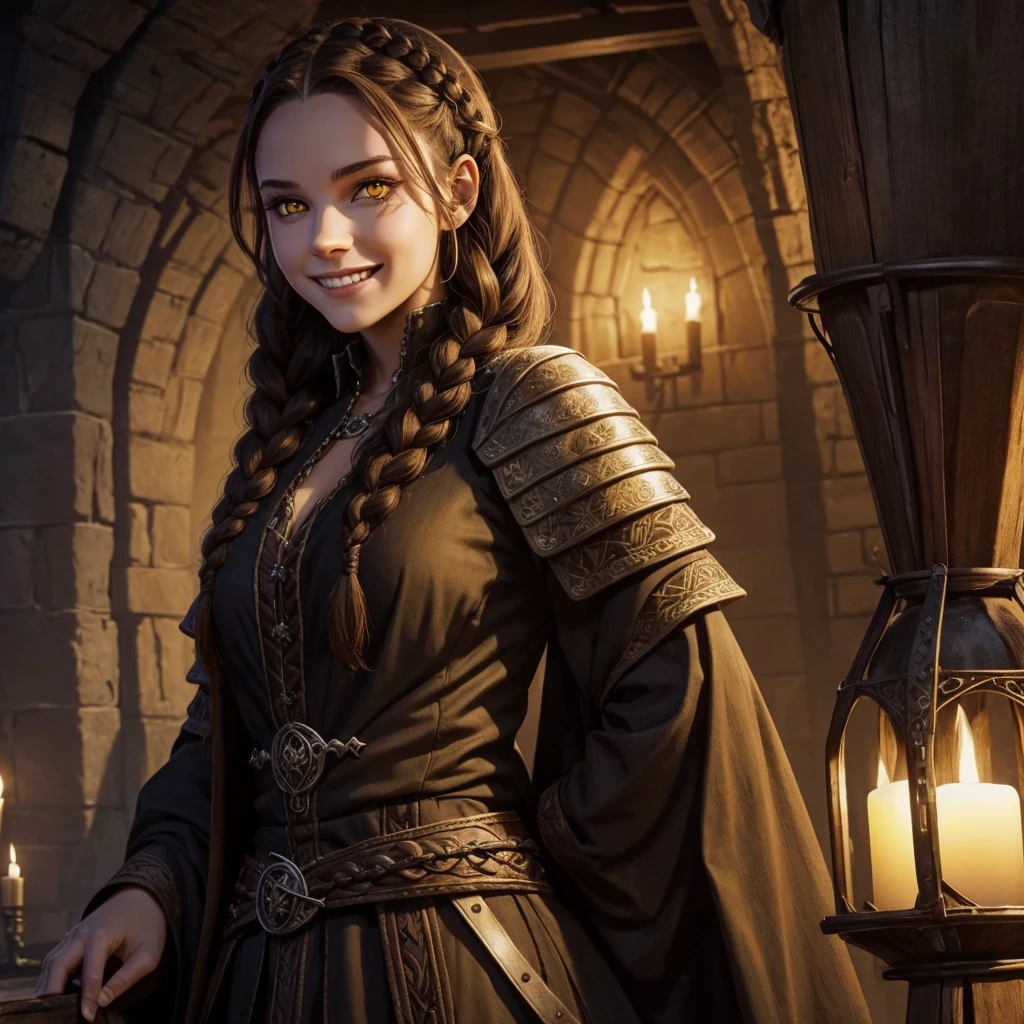 Medieval. D&D. Female. Braids. Brown hair. Gothic. Scary. Smiling. Yellow eyes. Beautiful.