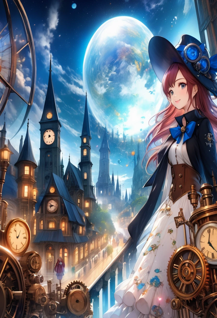 anime smiling girl in a hat and dress standing in front of a clock tower, steampunk beautiful anime woman, anime fantasy artwork, beautiful fantasy anime, hd anime wallaper, anime fantasy illustration, mechanized witch girl, anime art wallpaper 4 k, anime art wallpaper 4k, 4k anime wallpaper, dreampunk romanticism artwork, anime wallaper