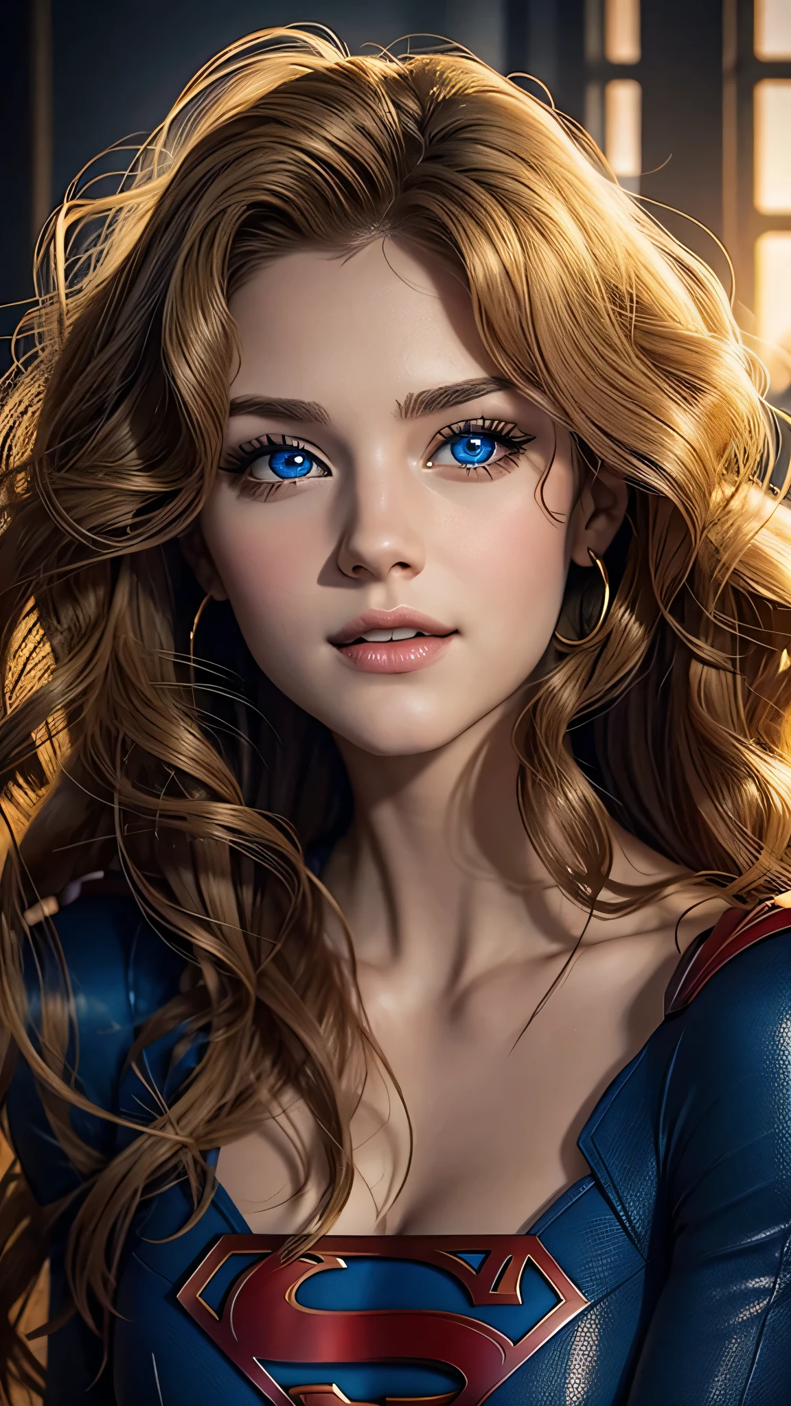 The character Supergirl, perfect blue and red costume with the traditional "S" in the chest, shiny little blue eyes, extremely beautiful blond hair, beautiful smile , perfect anatomy and extremely beautiful face, hyperrealistic face