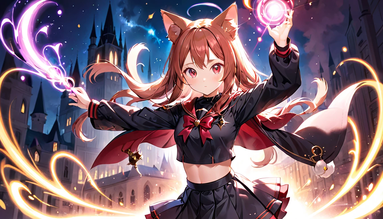 A cat-eared girl with modest chest, with mesmerizing eyes, in a black and red uniform-like outfit with a skirt, casting magical spells.