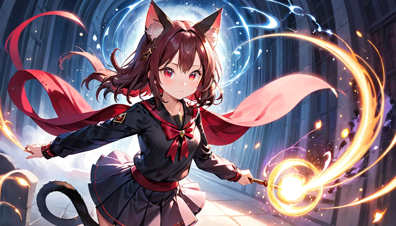 A cat-eared girl with modest chest, with mesmerizing eyes, in a black and red uniform-like outfit with a skirt, casting magical spells.
