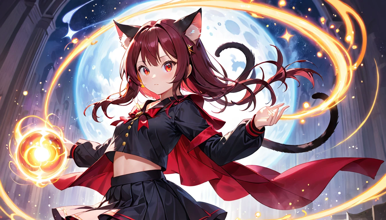 A cat-eared girl with modest chest, with mesmerizing eyes, in a black and red uniform-like outfit with a skirt, casting magical spells.
