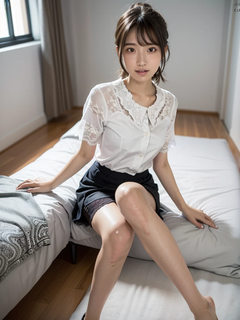 highest quality, face focus, soft light, (Depth of bounds written) ,ultra high resolution, (realistic:1.4), RAW photo, (moody lighting, night:1.2), Bedroom, (thighs上部:1.4) 1 japanese girl, alone, cute, cute, (shy, smile:1.1), (brown eyes), natural face, (short hair), (sit on gray linen chair) break (white naked oversize t-shirt:1.2),(nippleが浮き出て見える),((A girl who looks like a  high school studenipple)),((thighs)).