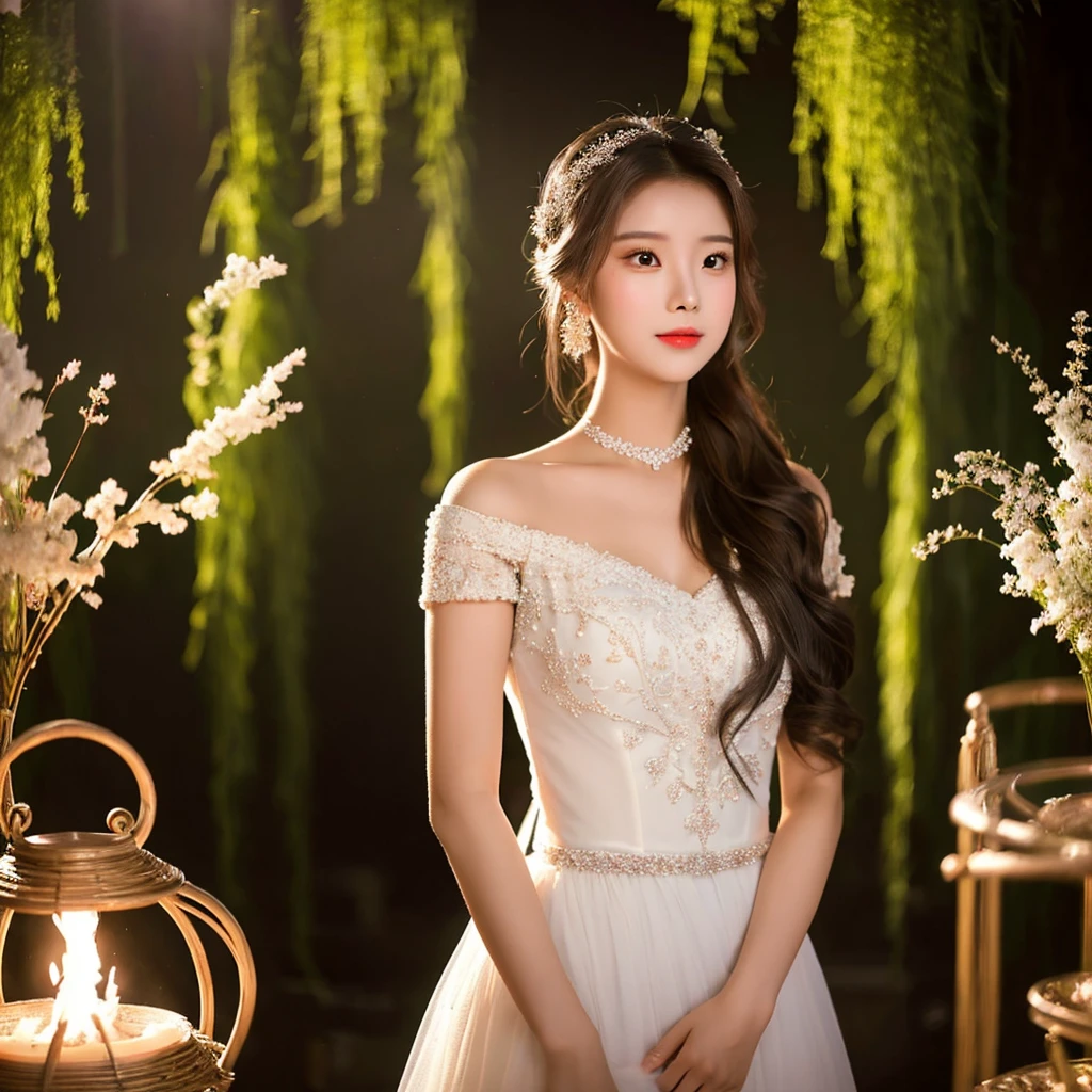 Generate an image of an extraordinarily beautiful 20-year-old Asian woman standing alone, whose beauty rivals that of a goddess of the fire element. She has large brown eyes, dark brown hair, glowing skin, and a captivating appearance. She is wearing a stunning white wedding dress that accentuates her elegance. The woman stands charmingly alone, her beauty appearing as if blessed by nature, in a very romantic and lovely aisle adorned with flowers and soft lighting, exuding a magical and serene atmosphere.