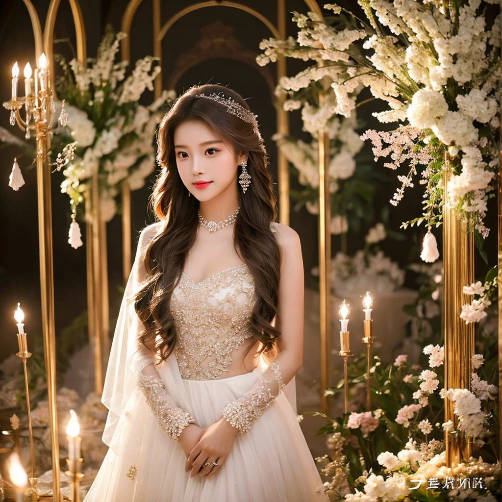 Generate an image of an extraordinarily beautiful 20-year-old Asian woman standing alone, whose beauty rivals that of a goddess of the fire element. She has large brown eyes, dark brown hair, glowing skin, and a captivating appearance. She is wearing a stunning white wedding dress that accentuates her elegance. The woman stands charmingly alone, her beauty appearing as if blessed by nature, in a very romantic and lovely aisle adorned with flowers and soft lighting, exuding a magical and serene atmosphere.