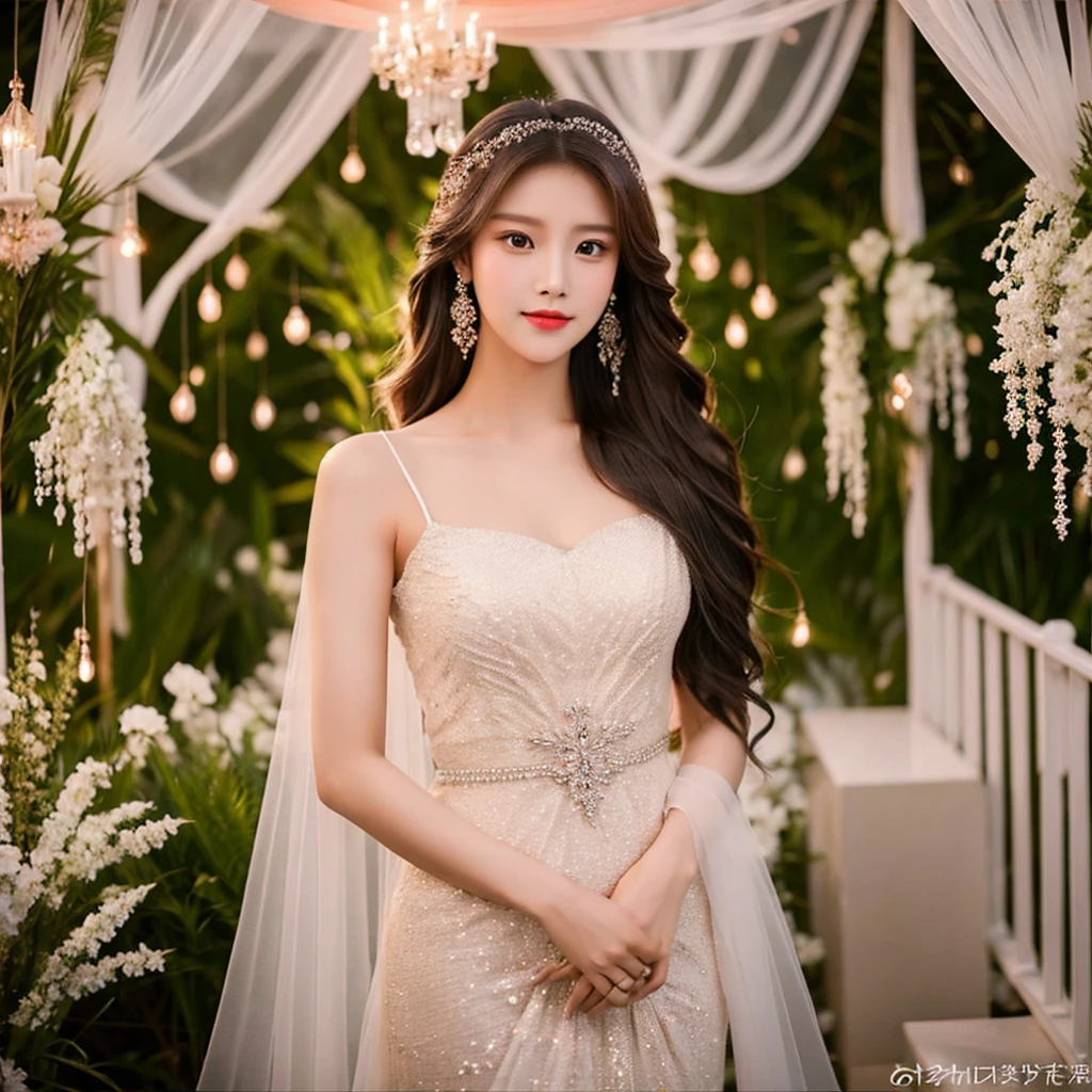 Generate an image of an extraordinarily beautiful 20-year-old Asian woman standing alone, whose beauty rivals that of a goddess of the fire element. She has large brown eyes, dark brown hair, glowing skin, and a captivating appearance. She is wearing a stunning white wedding dress that accentuates her elegance. The woman stands charmingly alone, her beauty appearing as if blessed by nature, in a very romantic and lovely aisle adorned with flowers and soft lighting, exuding a magical and serene atmosphere.